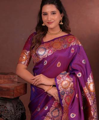 Wine soft silk blend zari paithani saree with unstitched blouse piece 4