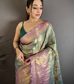 Green kanjeevaram silk blend zari woven saree with unstitched blouse piece
