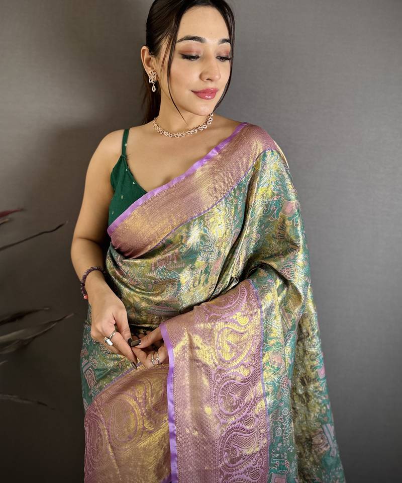 Green kanjeevaram silk blend zari woven saree with unstitched blouse piece