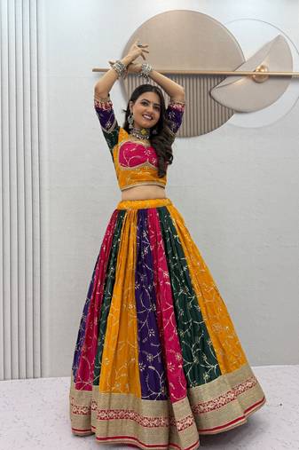Multicolor Embroidery Thread & Sequence Work Milky Silk Vintage Navratri Lehenga Choli with Dupatta