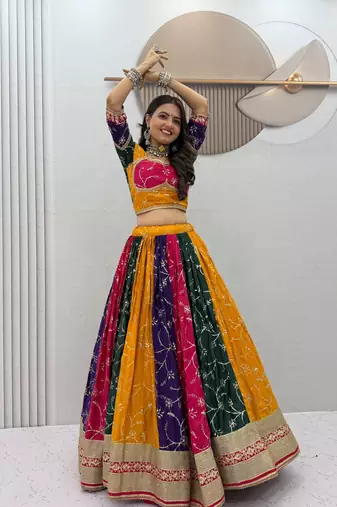 Multicolor Embroidery Thread & Sequence Work Milky Silk Vintage Navratri Lehenga Choli with Dupatta