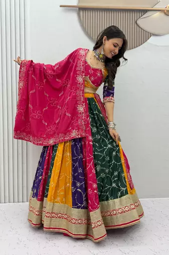 Multicolor Embroidery Thread & Sequence Work Milky Silk Vintage Navratri Lehenga Choli with Dupatta