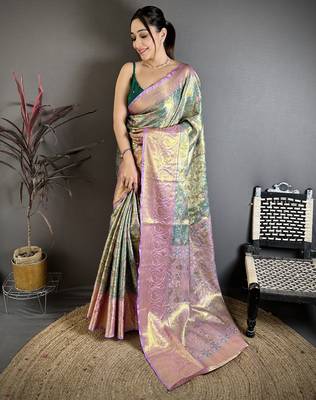 Green kanjeevaram silk blend zari woven saree with unstitched blouse piece 2