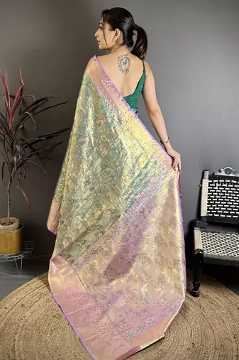 Green kanjeevaram silk blend zari woven saree with unstitched blouse piece