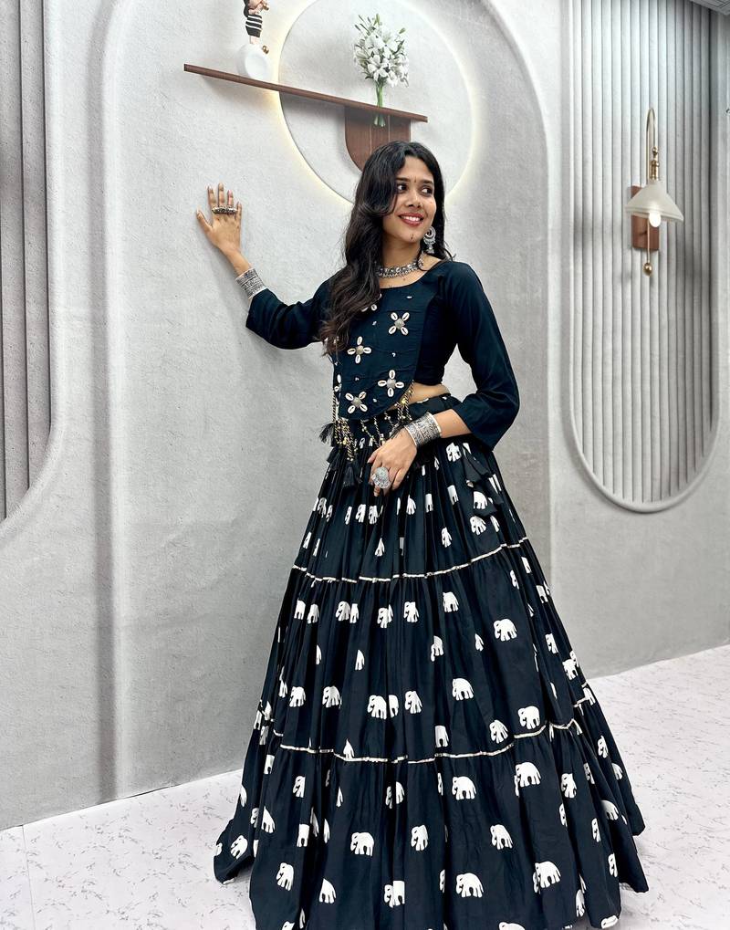 Black Hand Kodi Work Pure Cotton Navratri Lehenga Choli with Blouse