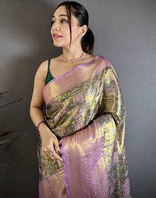 Olive kanjeevaram silk blend zari woven saree with unstitched blouse piece 1