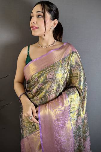 Olive kanjeevaram silk blend zari woven saree with unstitched blouse piece