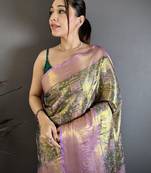 Olive kanjeevaram silk blend zari woven saree with unstitched blouse piece