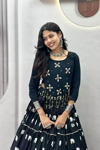 Black Hand Kodi Work Pure Cotton Navratri Lehenga Choli with Blouse