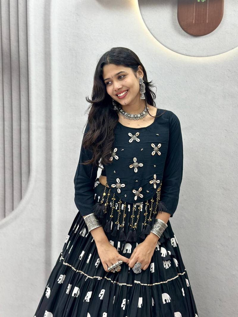 Black Hand Kodi Work Pure Cotton Navratri Lehenga Choli with Blouse