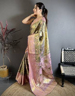 Olive kanjeevaram silk blend zari woven saree with unstitched blouse piece 3
