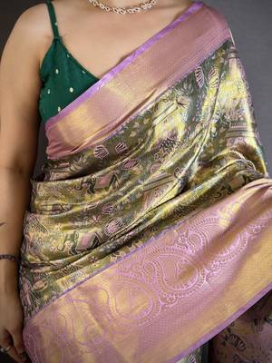 Olive kanjeevaram silk blend zari woven saree with unstitched blouse piece 4