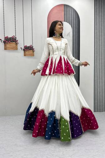 White Multicolor Lace Work Pure Cotton Navratri Kediyu Lehenga Set with Dupatta
