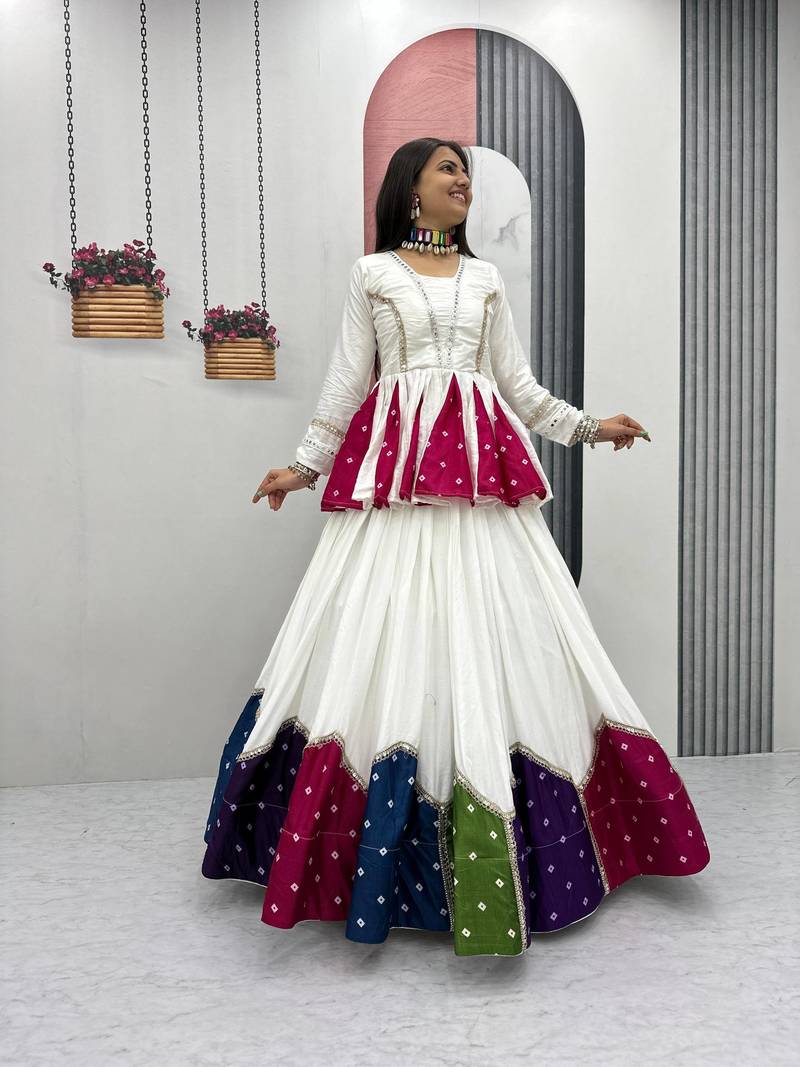 White Multicolor Lace Work Pure Cotton Navratri Kediyu Lehenga Set with Dupatta