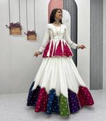 White Multicolor Lace Work Pure Cotton Navratri Kediyu Lehenga Set with Dupatta