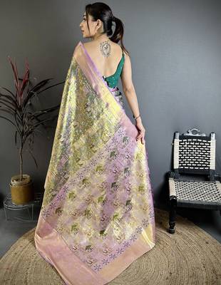 Olive kanjeevaram silk blend zari woven saree with unstitched blouse piece 5
