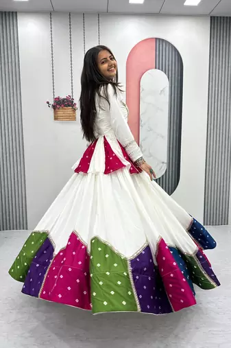 White Multicolor Lace Work Pure Cotton Navratri Kediyu Lehenga Set with Dupatta
