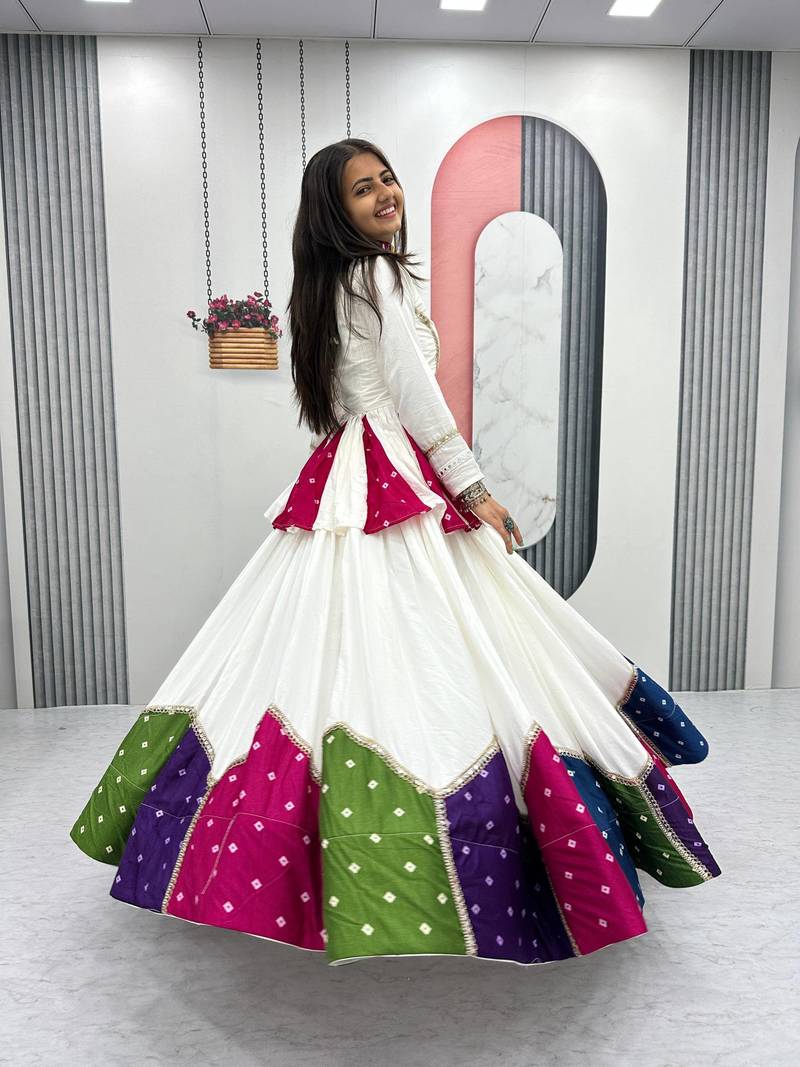 White Multicolor Lace Work Pure Cotton Navratri Kediyu Lehenga Set with Dupatta