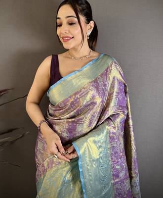 Purple kanjeevaram silk blend zari woven saree with unstitched blouse piece 1