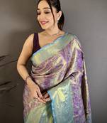 Purple kanjeevaram silk blend zari woven saree with unstitched blouse piece