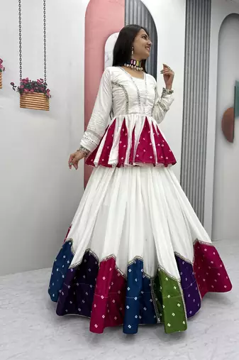 White Multicolor Lace Work Pure Cotton Navratri Kediyu Lehenga Set with Dupatta