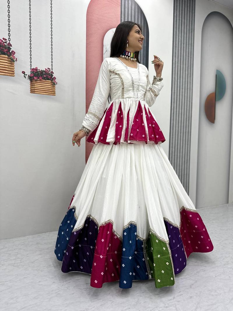 White Multicolor Lace Work Pure Cotton Navratri Kediyu Lehenga Set with Dupatta