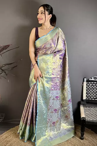 Purple kanjeevaram silk blend zari woven saree with unstitched blouse piece