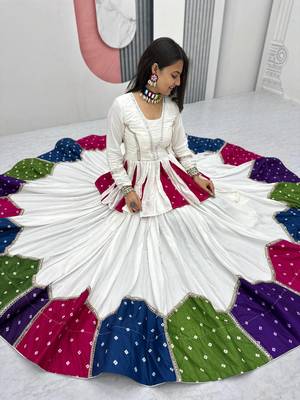 White Multicolor Lace Work Pure Cotton Navratri Kediyu Lehenga Set with Dupatta 4