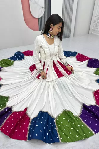 White Multicolor Lace Work Pure Cotton Navratri Kediyu Lehenga Set with Dupatta
