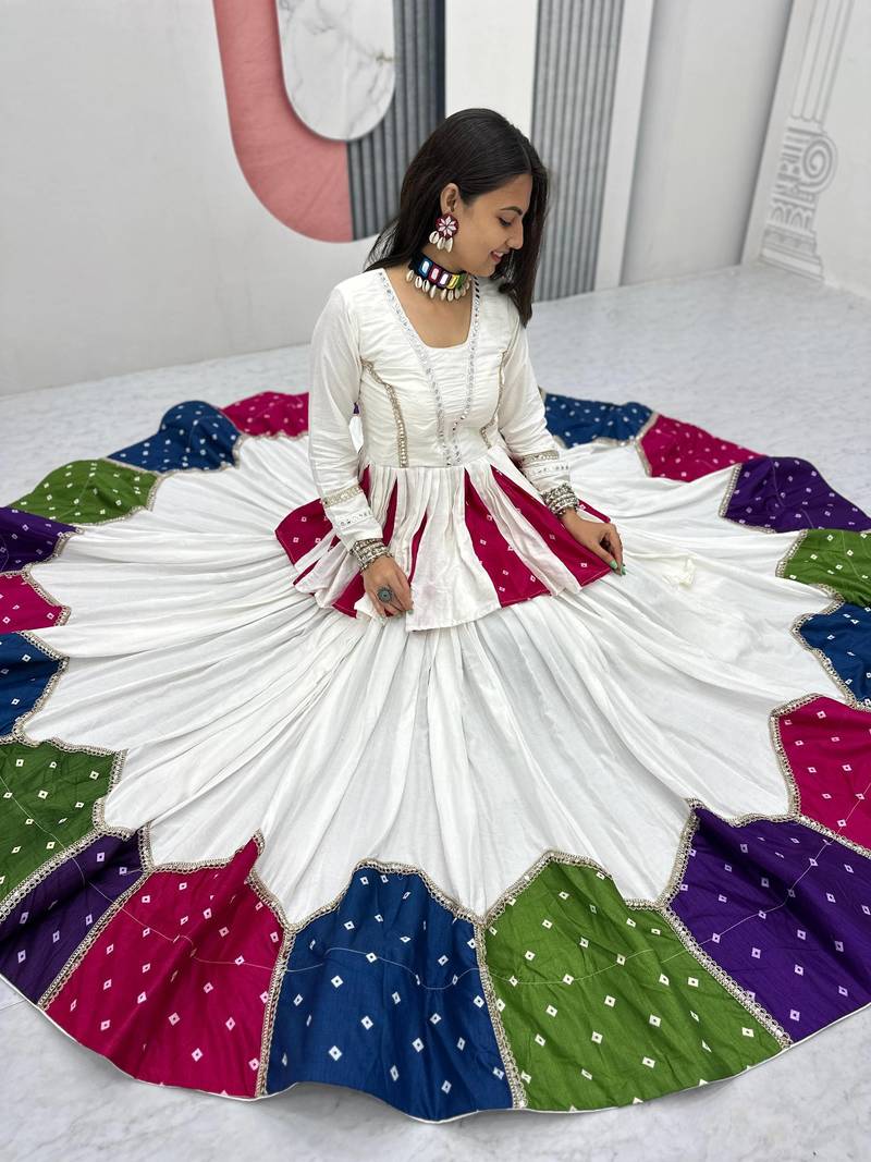 White Multicolor Lace Work Pure Cotton Navratri Kediyu Lehenga Set with Dupatta