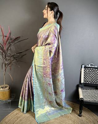 Purple kanjeevaram silk blend zari woven saree with unstitched blouse piece 3