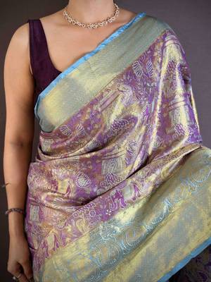 Purple kanjeevaram silk blend zari woven saree with unstitched blouse piece 4