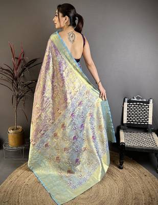 Purple kanjeevaram silk blend zari woven saree with unstitched blouse piece 5