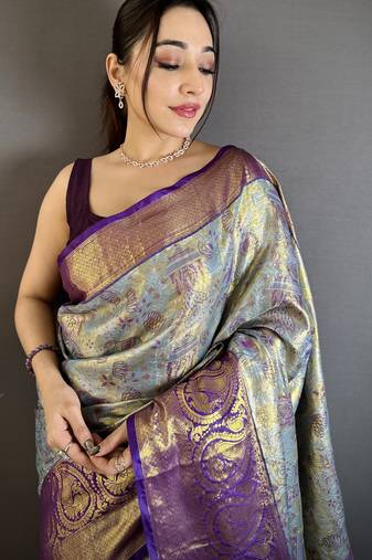Blue kanjeevaram silk blend zari woven saree with unstitched blouse piece