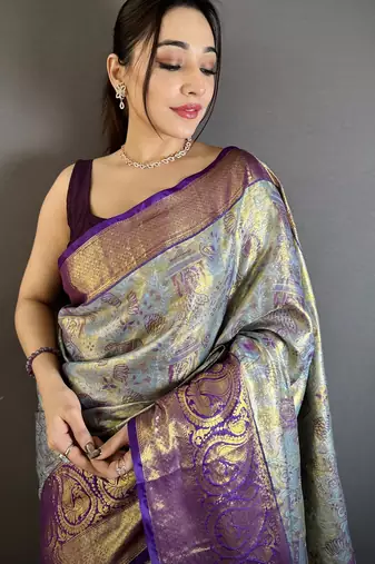 Blue kanjeevaram silk blend zari woven saree with unstitched blouse piece