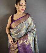 Blue kanjeevaram silk blend zari woven saree with unstitched blouse piece