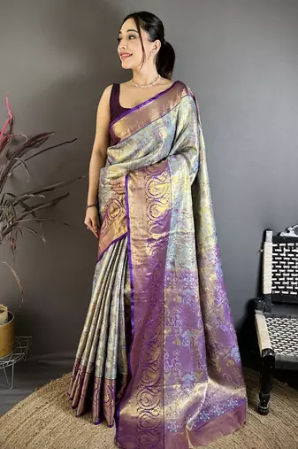 Blue kanjeevaram silk blend zari woven saree with unstitched blouse piece