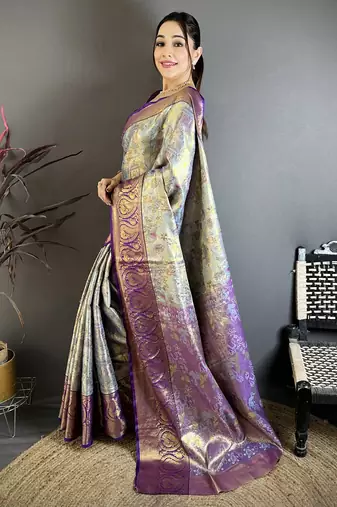 Blue kanjeevaram silk blend zari woven saree with unstitched blouse piece