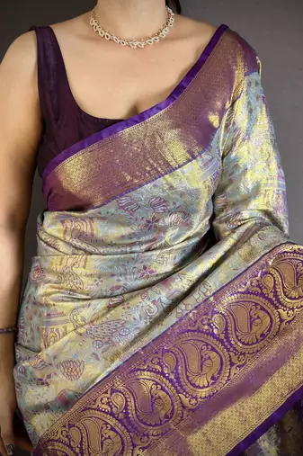 Blue kanjeevaram silk blend zari woven saree with unstitched blouse piece