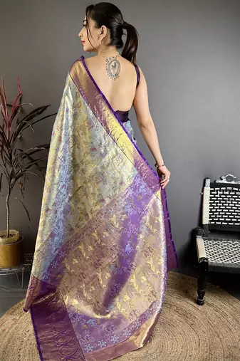 Blue kanjeevaram silk blend zari woven saree with unstitched blouse piece