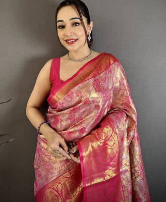 Rani kanjeevaram silk blend zari woven saree with unstitched blouse piece 1