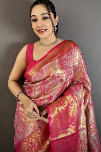 Rani kanjeevaram silk blend zari woven saree with unstitched blouse piece