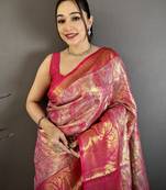 Rani kanjeevaram silk blend zari woven saree with unstitched blouse piece