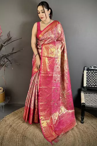Rani kanjeevaram silk blend zari woven saree with unstitched blouse piece