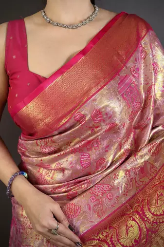 Rani kanjeevaram silk blend zari woven saree with unstitched blouse piece