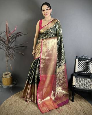 Bottle green kanjeevaram silk blend zari woven saree with unstitched blouse piece 1