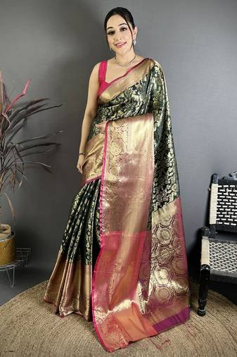 Bottle green kanjeevaram silk blend zari woven saree with unstitched blouse piece