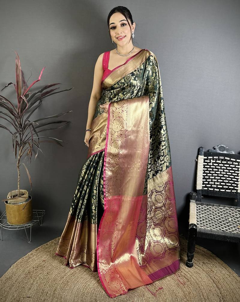 Bottle green kanjeevaram silk blend zari woven saree with unstitched blouse piece
