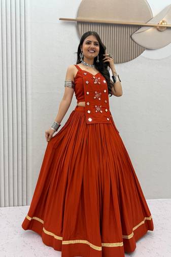 Rust Orange Mirror Handwork Pure Cotton Navratri Lehenga Choli Set with Blouse