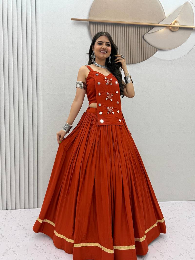 Rust Orange Mirror Handwork Pure Cotton Navratri Lehenga Choli Set with Blouse